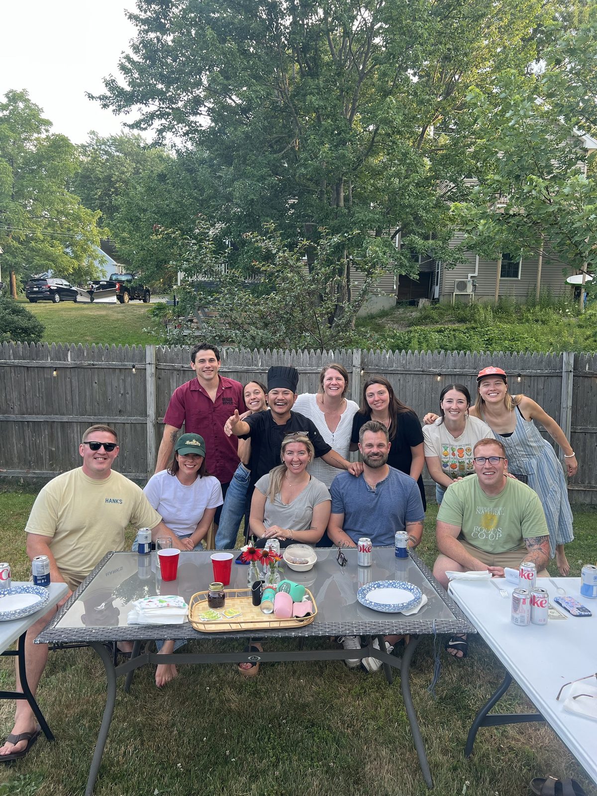 Barry Larry with a big group of guests at a backyard private hibachi party